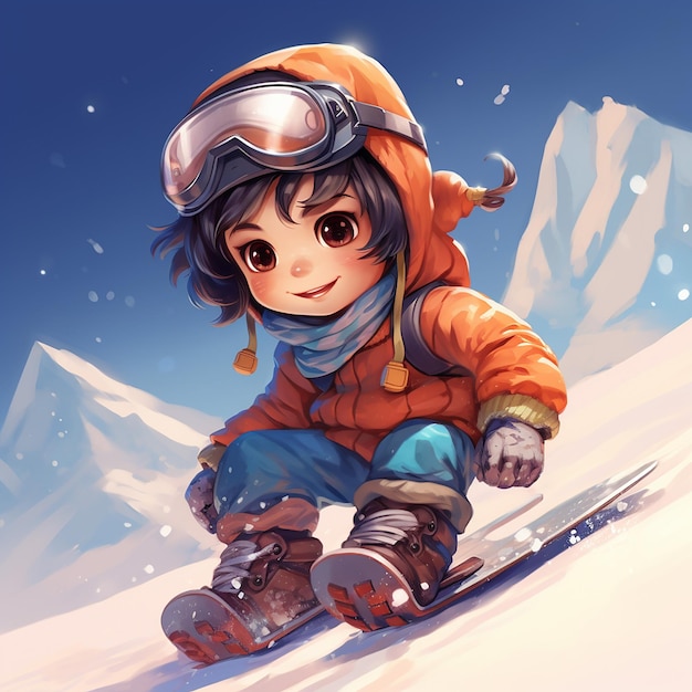 3D rendered cute child wearing full costume snowboarding down the slope