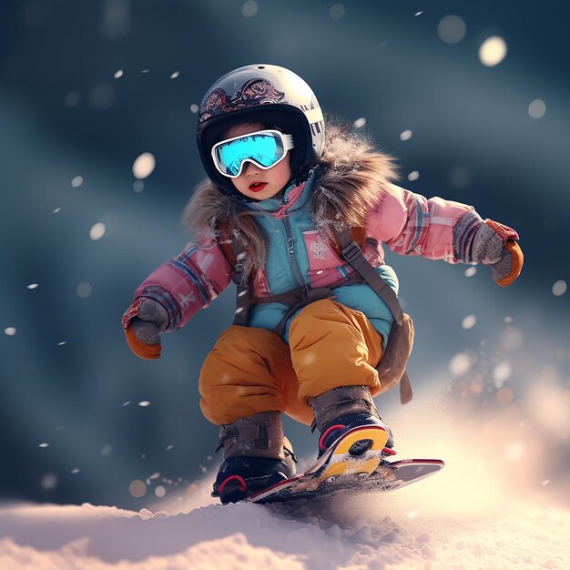 3D-рендерированный милый ребенок в полном костюме катается на сноуборде по склону