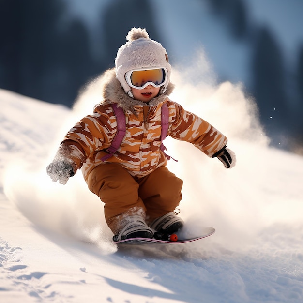 3D rendered cute child wearing full costume snowboarding down the slope