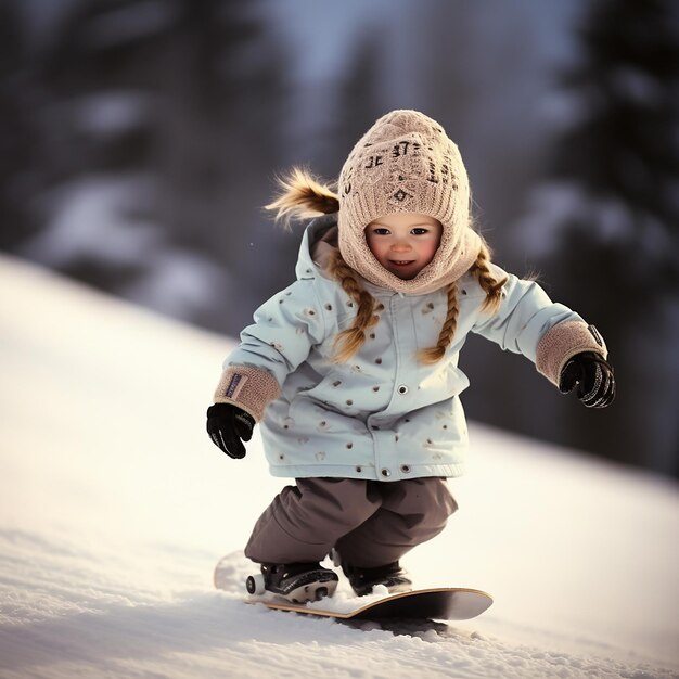 3D rendered cute child wearing full costume snowboarding down the slope