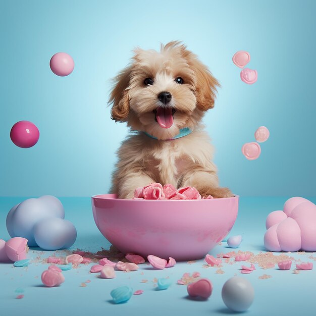 3d rendered cute dog feeding on a bowl of dog food light pink and soft blue advertisementinspired