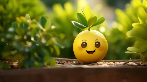 3d rendered Cute happy lemon in the garden with big eyes