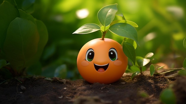 3d rendered Cute happy peach in the garden with big eyes