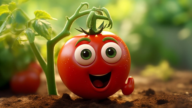 3d rendered Cute happy tomato in the garden with big eyes