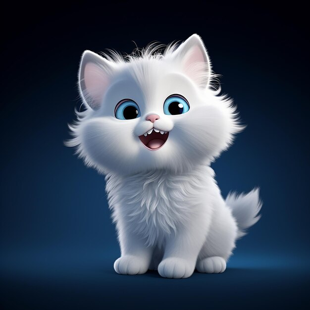 3d rendered cute little white baby cat on dark blue background