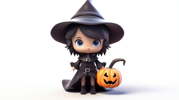 3D rendered cute and scary Halloween witch on white background