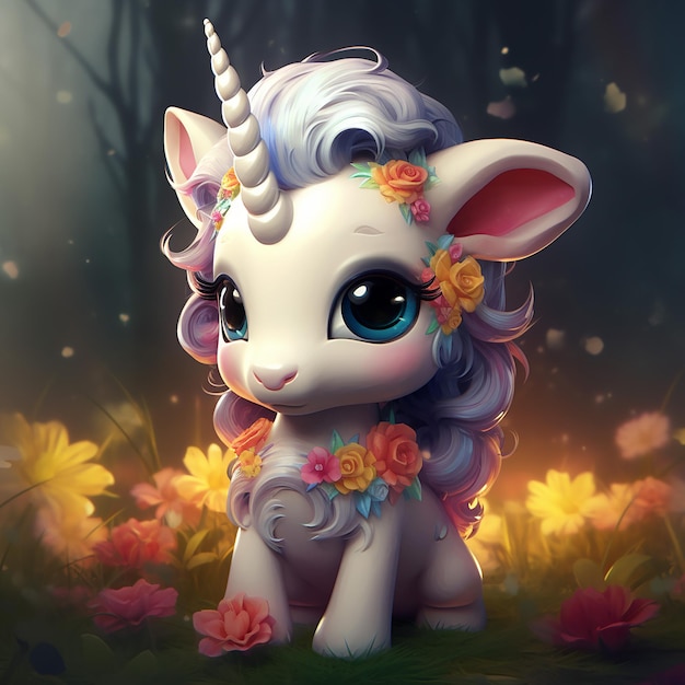 Photo 3d rendered cute stylish baby unicorn