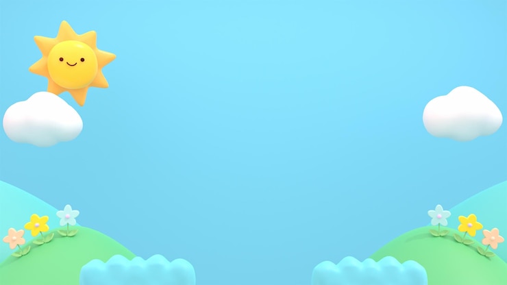 Photo 3d 렌더링된 귀여운 태양, 흰 구름, 꽃, 산.