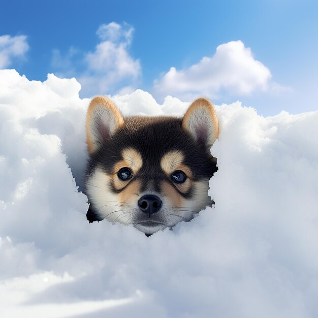 3d rendered dark little dog shiba looking out of a hole in the snow in the style of blue skies