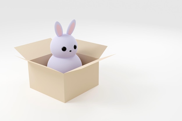 3D визуализация декоративного драгоценного пасхального кролика в коробке на сером фоне для обоев, поздравительных открыток, плакатов, рекламы