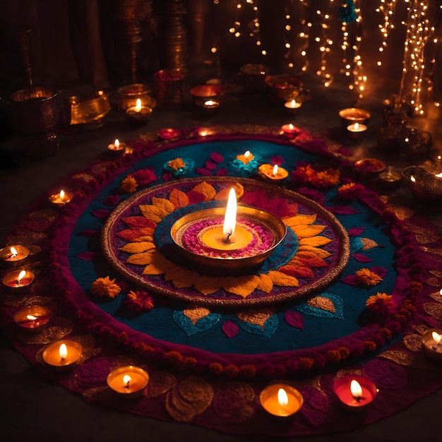 Generative AI로 생성된 Diya와 Diwali Rangoli의 3d 렌더링 상세 이미지