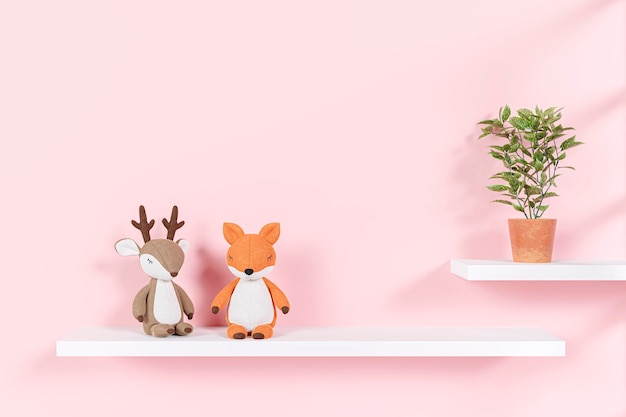 Premium Photo | 3d rendered display shelves mock up stuffed toy animal and  a pot of plant