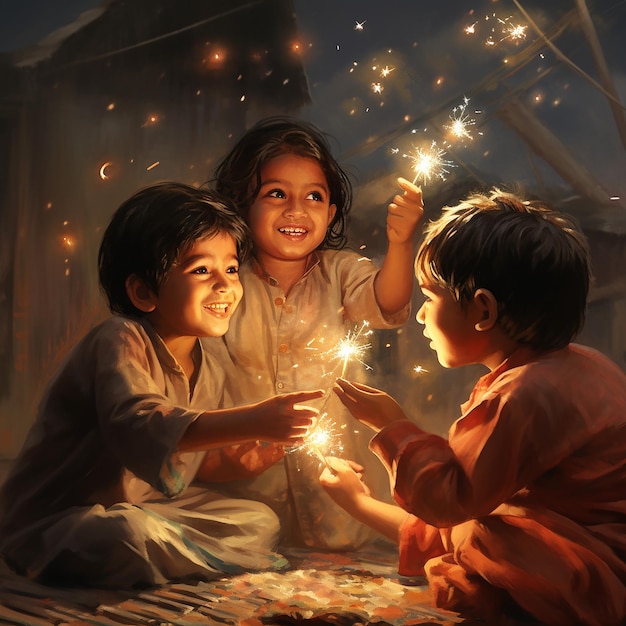 3d rendered diwali image of kids playing with firecrackers