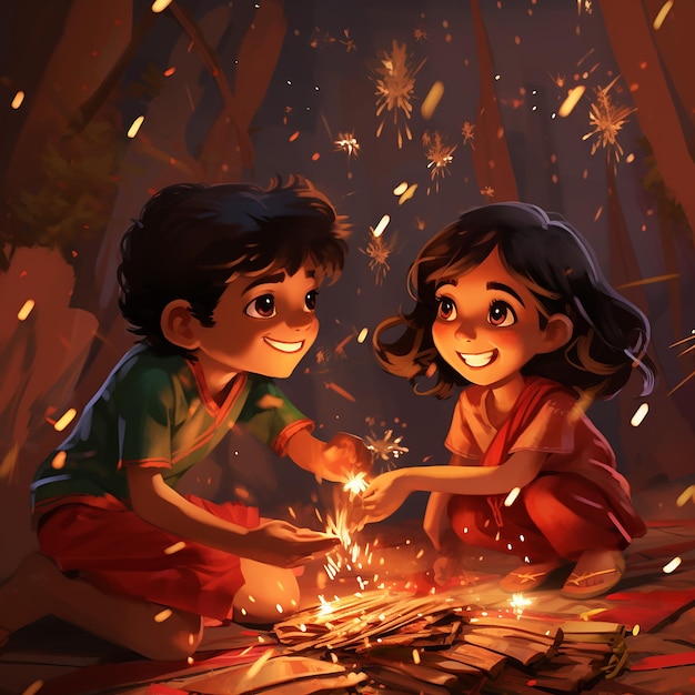 花火で遊ぶ子供たちの3Dレンダリングされたディワリ画像