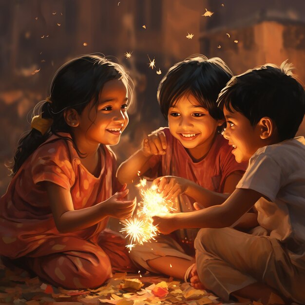 3d rendered diwali image of kids playing with firecrackers