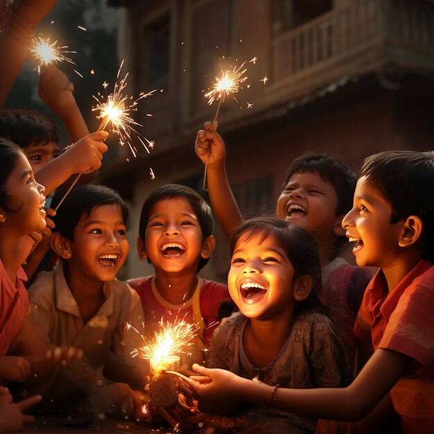 3d rendered diwali image of kids playing with firecrackers