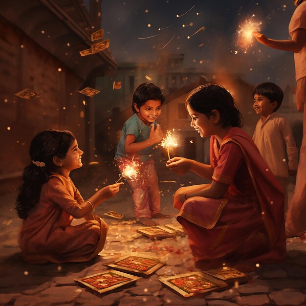 3d rendered diwali image of kids playing with firecrackers