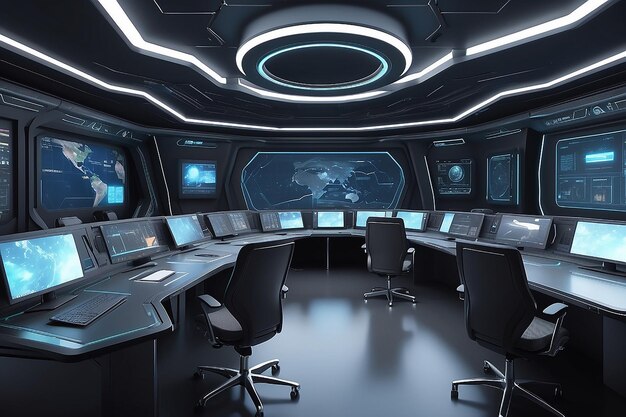 3D rendered empty modern futuristic command center interior