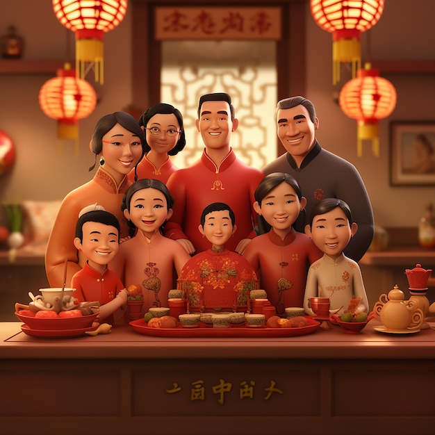 3D rendered Family members with lantern dinner style of Chinese New Year celebration