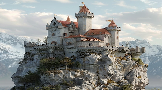 3D-рендеринг плавучего замка в небе на скале