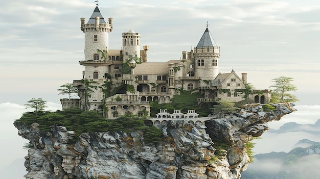 3D-рендеринг плавучего замка в небе на скале
