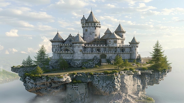 3D-рендеринг плавучего замка в небе на скале