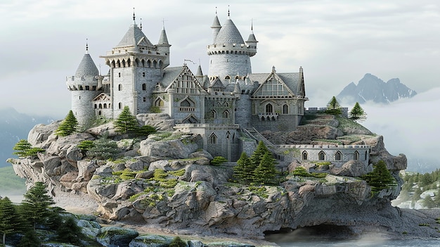 3D-рендеринг плавучего замка в небе на скале