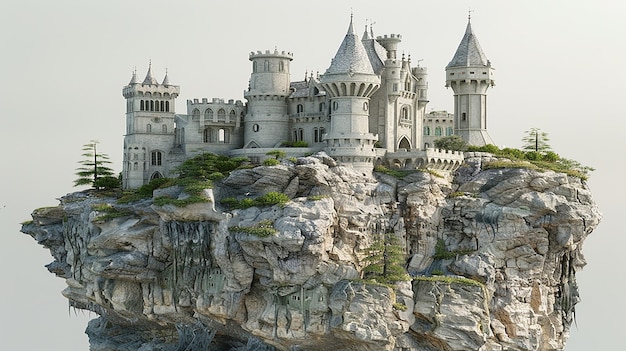 3D-рендеринг плавучего замка в небе на скале