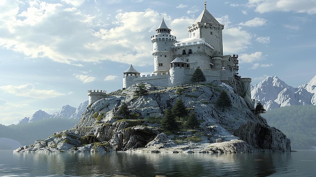3D-рендеринг плавучего замка в небе на скале