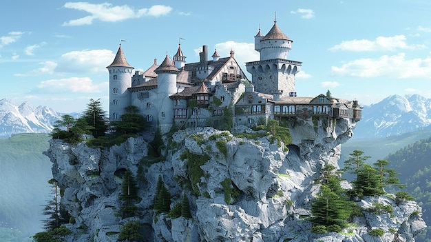 3D-рендеринг плавучего замка в небе на скале