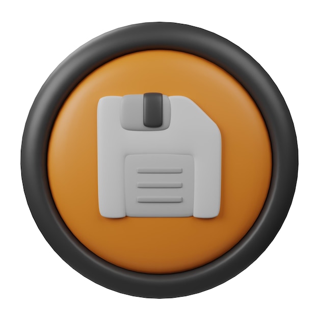 3D-рендеринг дискеты или значок кнопки "Сохранить" с оранжевым цветом и черной рамкой для дизайна пользовательского интерфейса