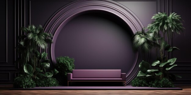 3d rendered frame for a large space with an arch dark green and violet playful compositions midcent