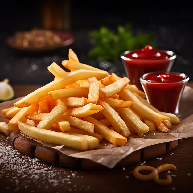 3d rendered french fries plate ketchup on side presented on dining table