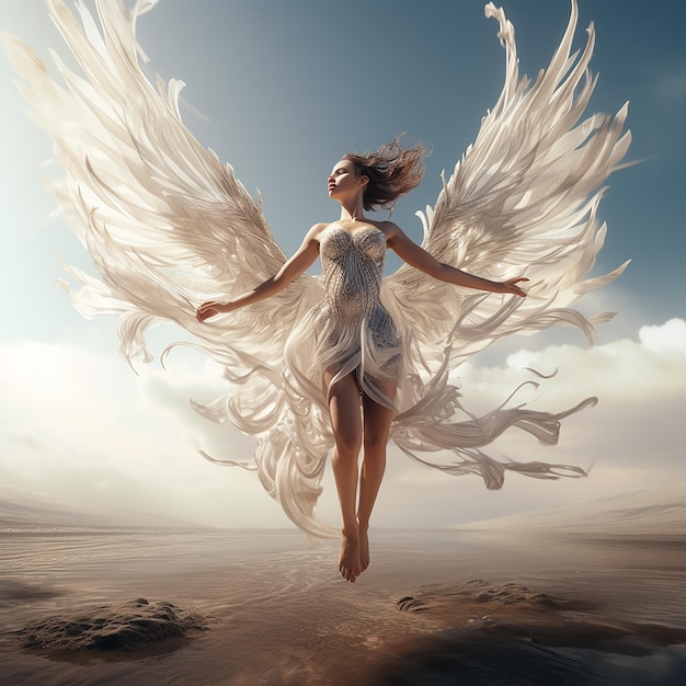 Photo 3d rendered full shot woman with wings flying