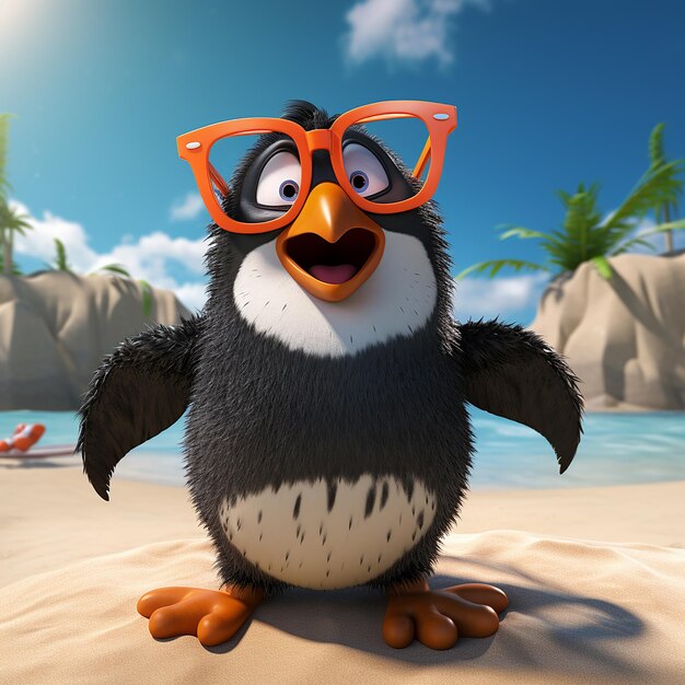 Photo 3d rendered funny stylish penguin on the beach