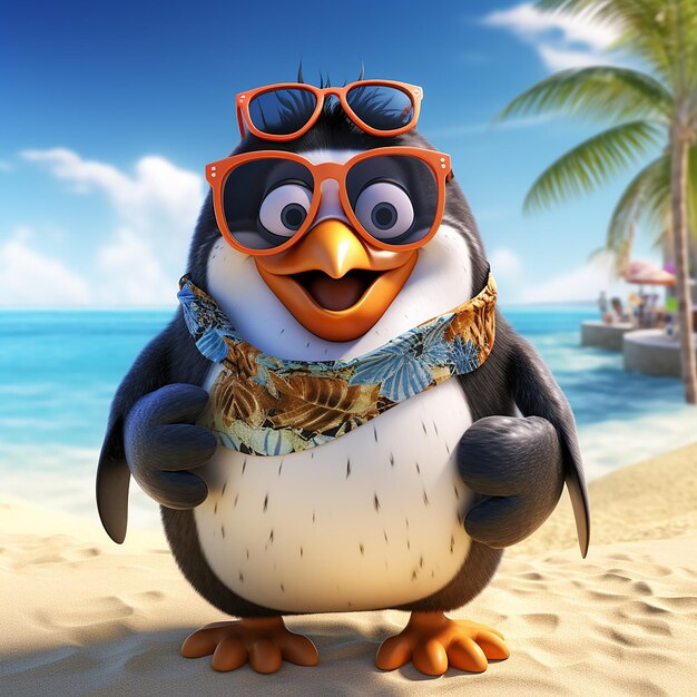 Photo 3d rendered funny stylish penguin on the beach