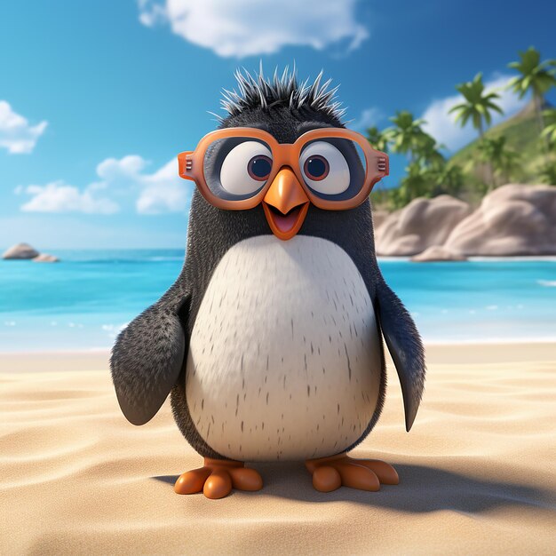 Photo 3d rendered funny stylish penguin on the beach