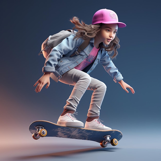 3D-рендеринг девушки на скейтборде, наслаждающейся катанием