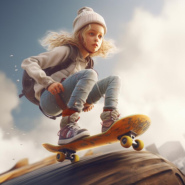 3d rendered girl on a skateboard enjoying skating