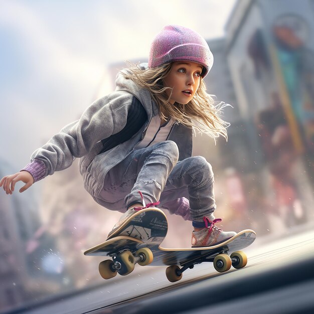 3d rendered girl on a skateboard enjoying skating