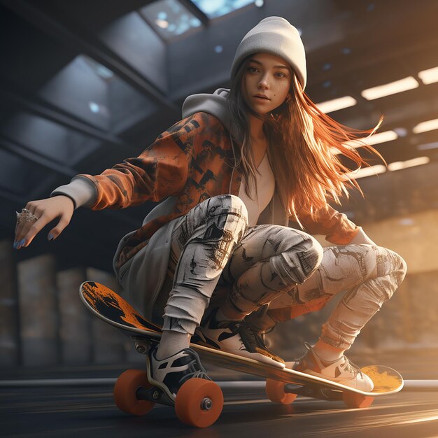 Photo 3d rendered girl on a skateboard enjoying skating