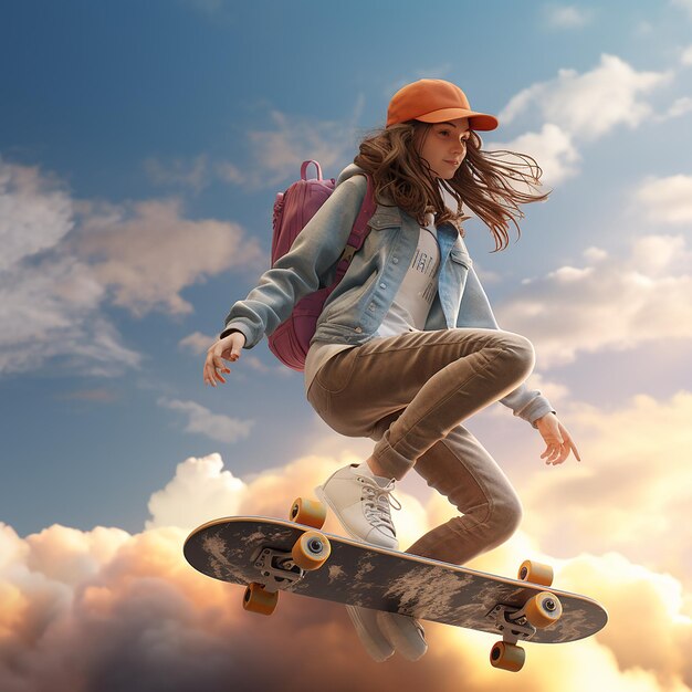 3d rendered girl on a skateboard enjoying skating