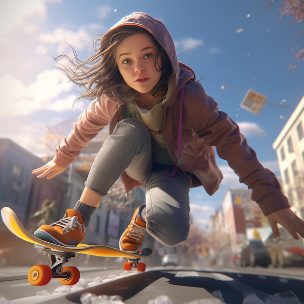 Photo 3d rendered girl on a skateboard enjoying skating