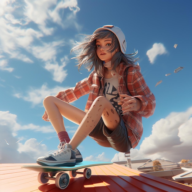 Photo 3d rendered girl on a skateboard enjoying skating