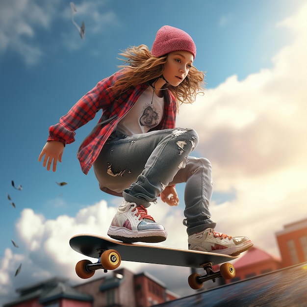 Photo 3d rendered girl on a skateboard enjoying skating