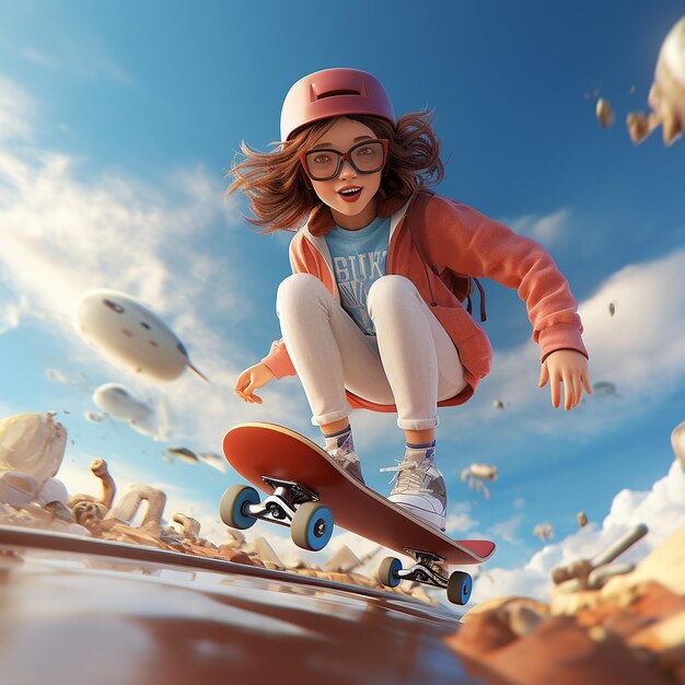 3d rendered girl on a skateboard enjoying skating