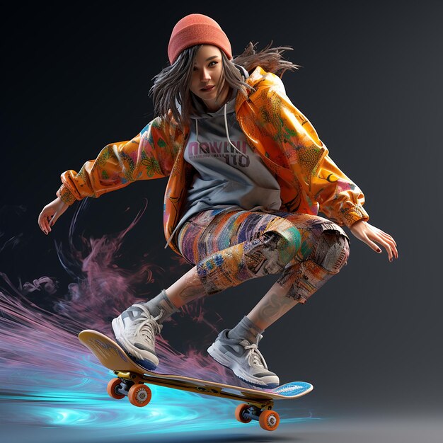 Photo 3d rendered girl on a skateboard enjoying skating