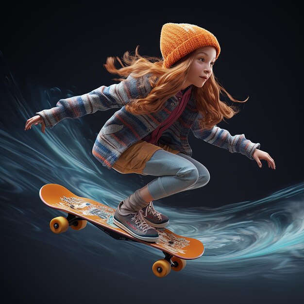 Photo 3d rendered girl on a skateboard enjoying skating