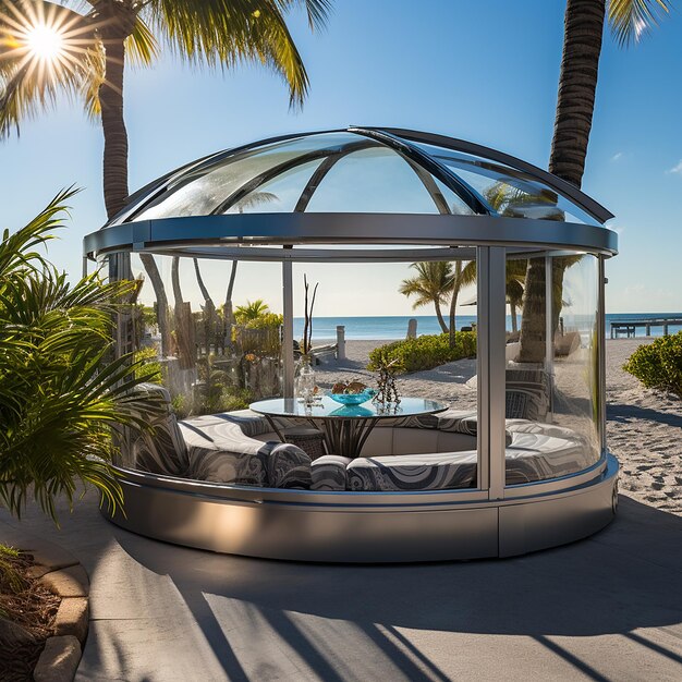 Photo 3d rendered a glass gazebo aluminum frame paradise view by sea view