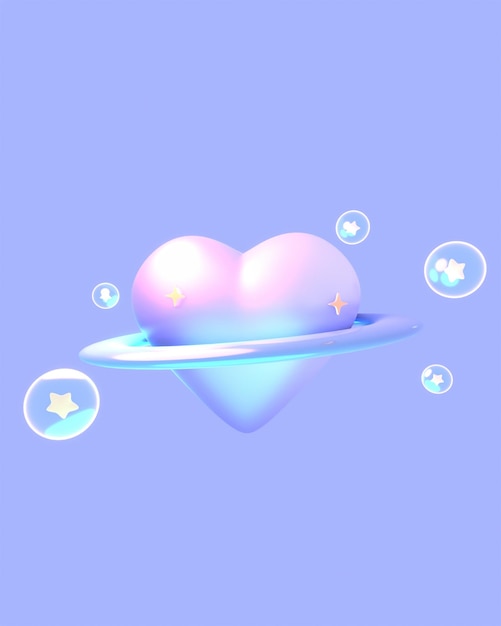 3d rendered glossy heart planet with star bubbles.